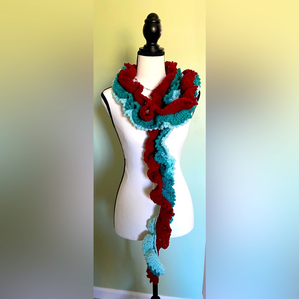 NEW Fall Scarf🧣Burgundy & Teal-ish/Aqua colors; Hand crocheted; Approx 5’ (60”)